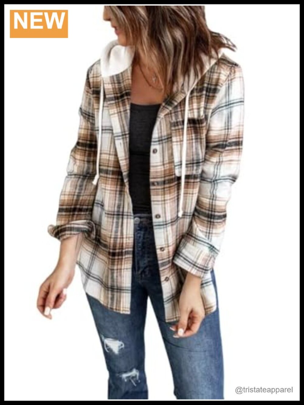 Womens Plaid Hoodie Shacket Button Down Blouse Loose Fit Long Sleeve